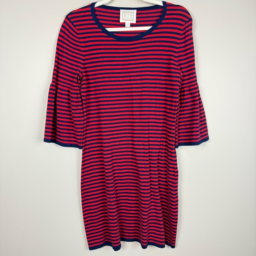 Sail to Sable Dress Womens Medium Red Blue Stripe Bell Sleeve Nautical Preppy